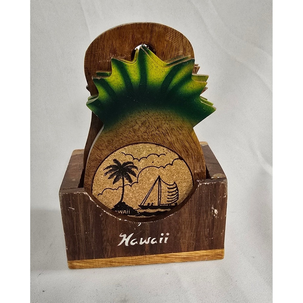 Vtg Hawaii wood pineapple shaped cork coasters w/holder MCM beach tiki tropical